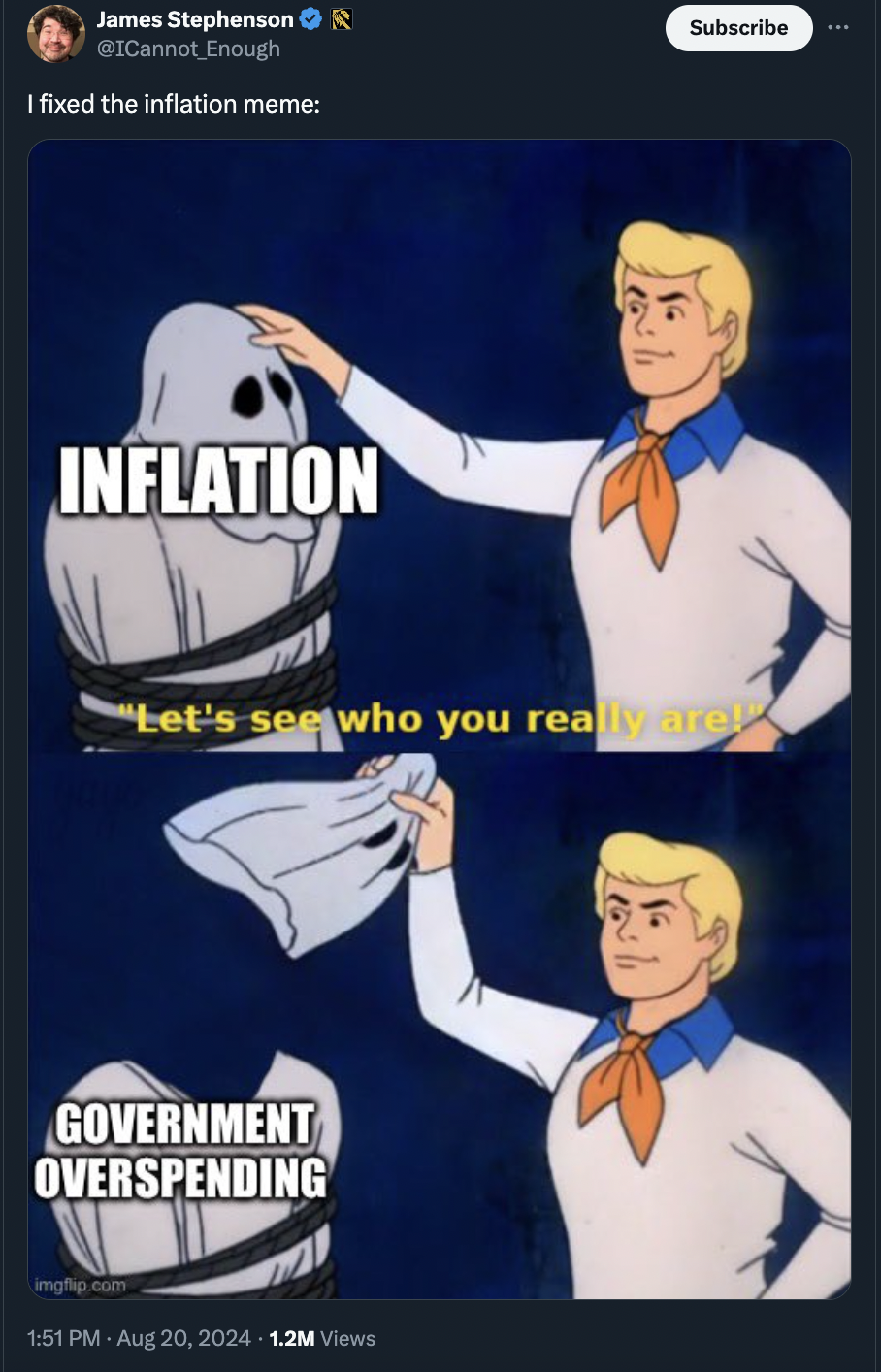 fred scooby doo meme template - James Stephenson ICannot Enough I fixed the inflation meme Inflation Subscribe "Let's see who you really are! Government Overspending ing.com 1.2M Views